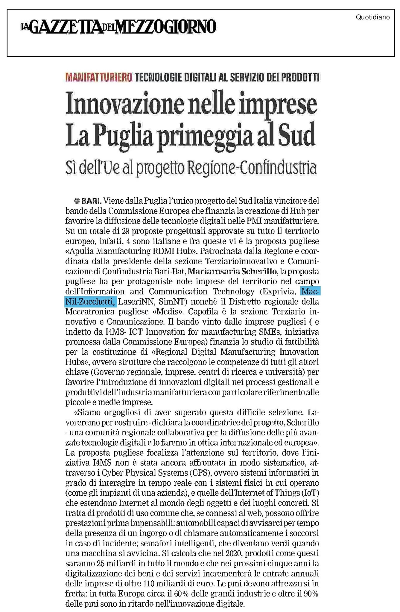 La Gazzetta del Mezzogiorno: Innovazione nelle imprese. La Puglia primeggia al Sud